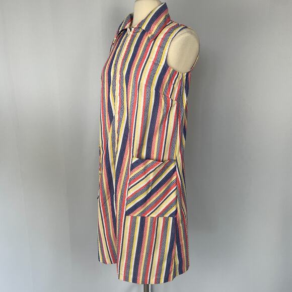 Vintage Smock Dress Size Large Red Blue Stripe Seersucker Zip Casual Retro 70s - Picture 7 of 16